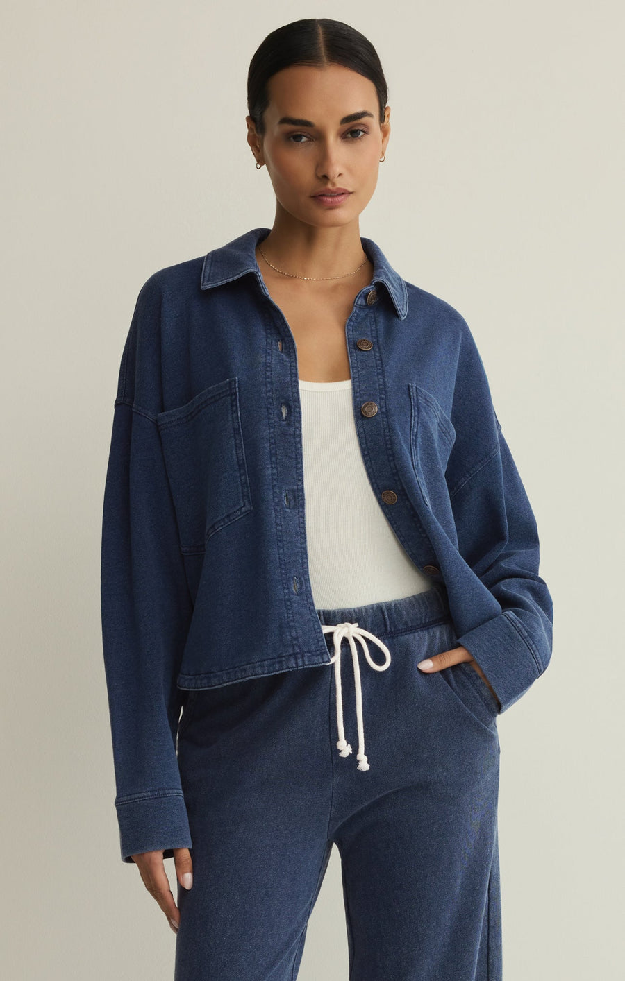 Savelo All Day Cropped Knit Denim Jacket
