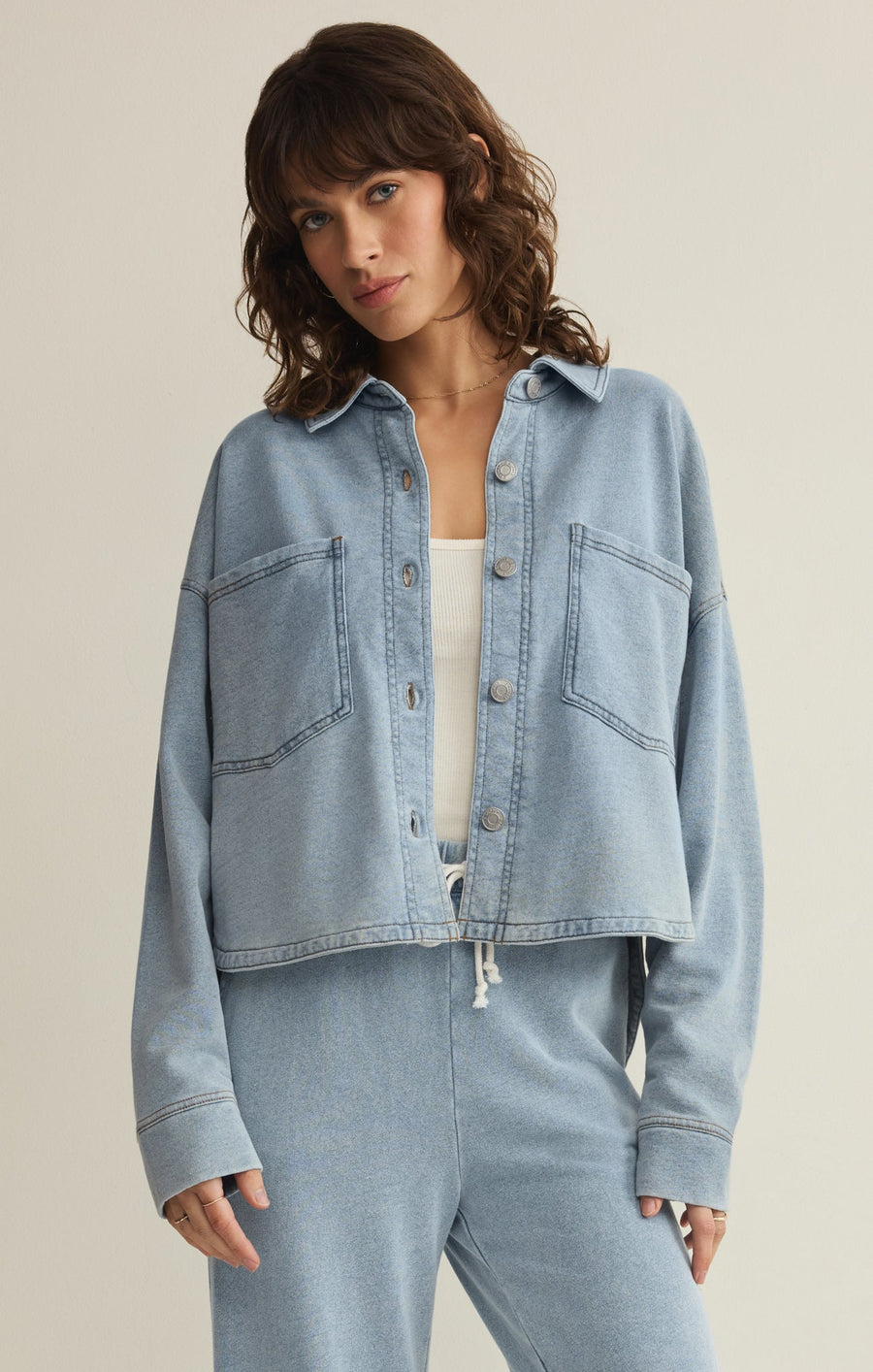 Savelo All Day Cropped Knit Denim Jacket