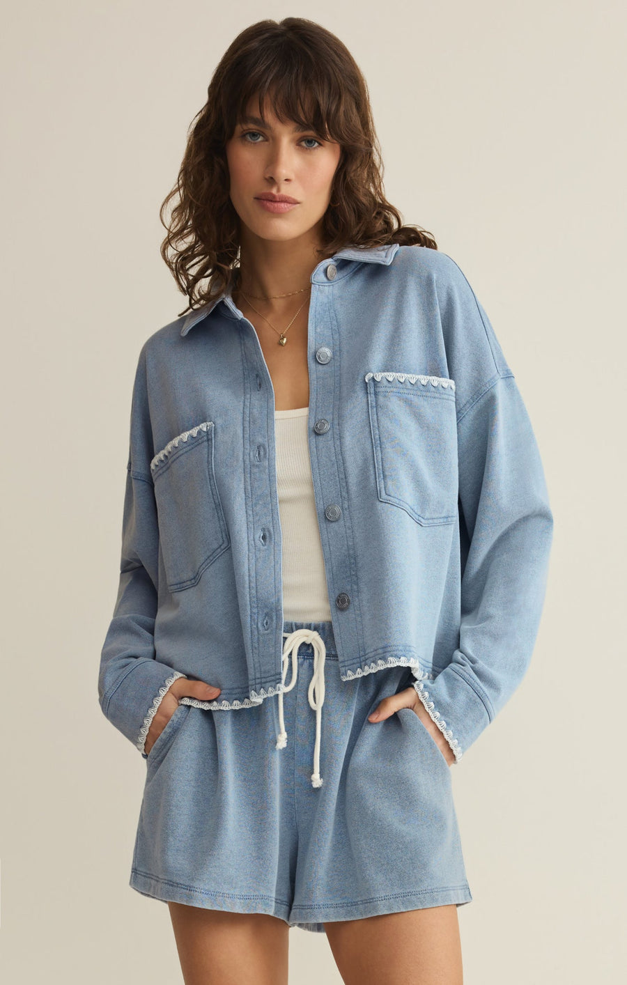 Savelo All Day Knit Denim Crop Whipstitch Jacket