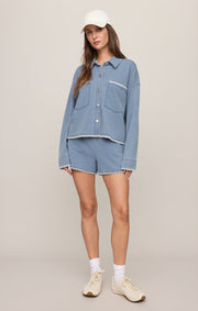 Savelo All Day Knit Denim Crop Whipstitch Jacket