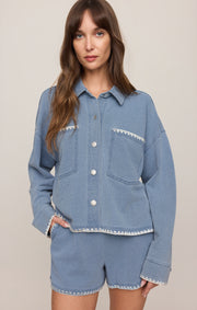 Savelo All Day Knit Denim Crop Whipstitch Jacket