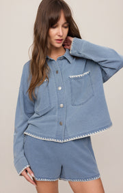 Savelo All Day Knit Denim Crop Whipstitch Jacket