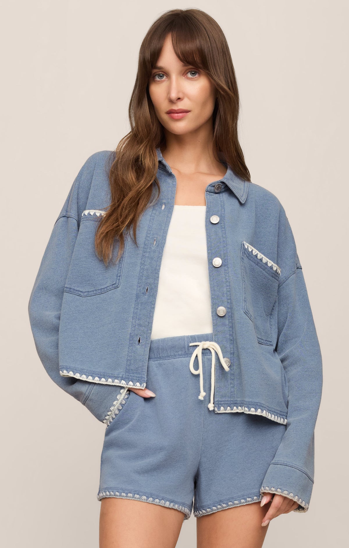 Savelo All Day Knit Denim Crop Whipstitch Jacket