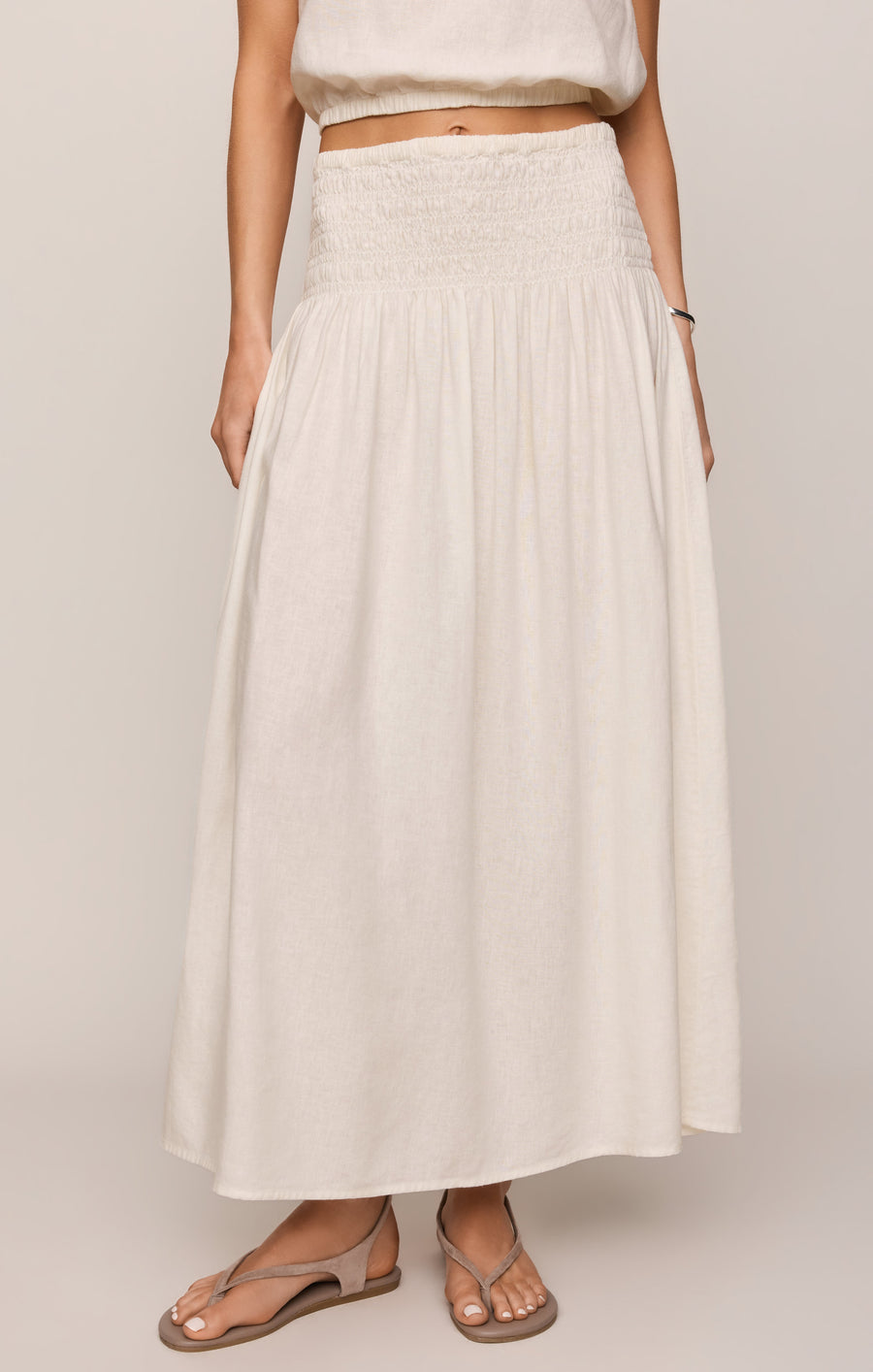 Savelo Brooke Smocked Linen Maxi Skirt