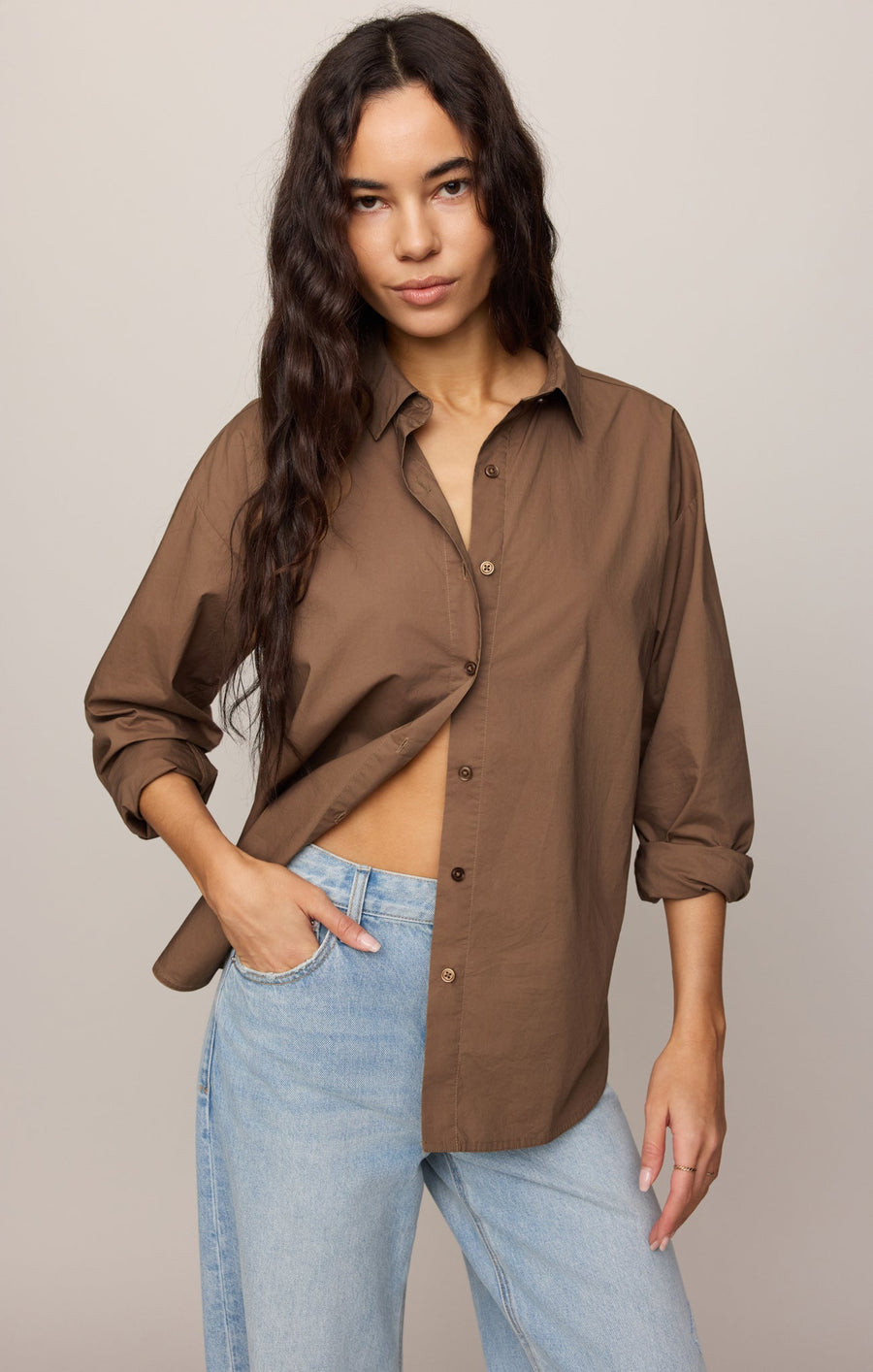 Savelo Elevated Poplin Relaxed Button Up Top