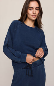 Savelo Sport Stripe Boyfriend Knit Denim Sweatshirt