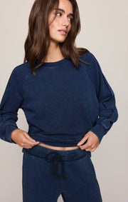 Savelo Sport Stripe Boyfriend Knit Denim Sweatshirt