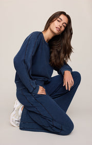 Savelo Sport Stripe Boyfriend Knit Denim Sweatshirt