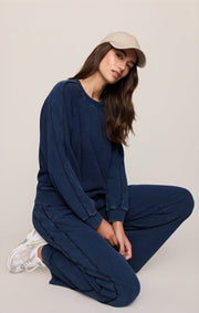 Savelo Sport Stripe Boyfriend Knit Denim Sweatshirt