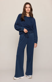 Savelo Sport Stripe Boyfriend Knit Denim Sweatshirt