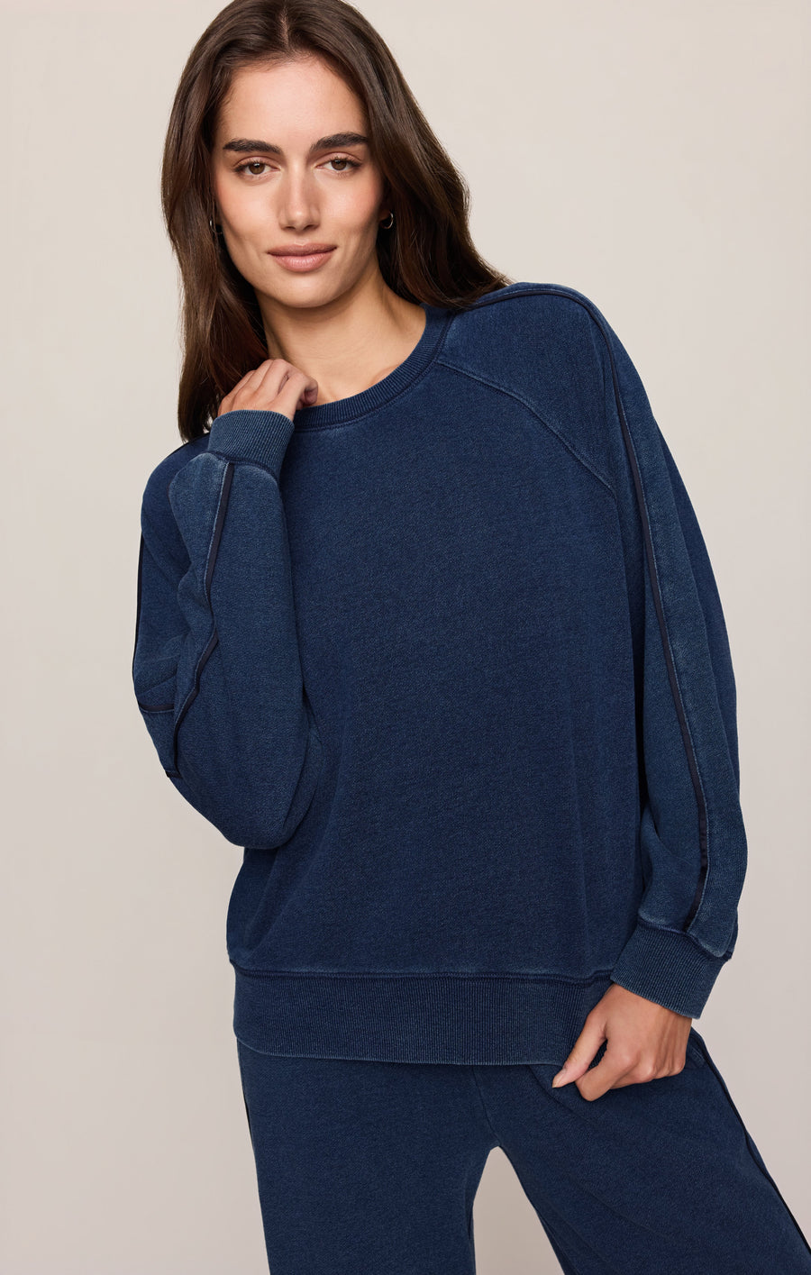 Savelo Sport Stripe Boyfriend Knit Denim Sweatshirt