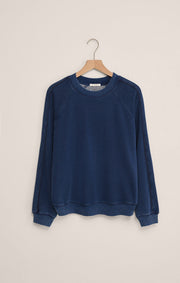 Savelo Sport Stripe Boyfriend Knit Denim Sweatshirt