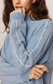 Savelo Sport Stripe Boyfriend Knit Denim Sweatshirt
