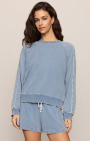 Savelo Sport Stripe Boyfriend Knit Denim Sweatshirt