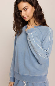 Savelo Sport Stripe Boyfriend Knit Denim Sweatshirt
