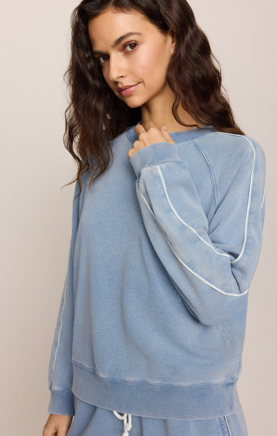Savelo Sport Stripe Boyfriend Knit Denim Sweatshirt