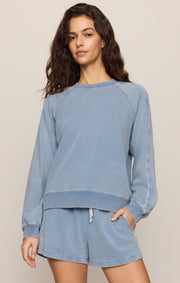 Savelo Sport Stripe Boyfriend Knit Denim Sweatshirt