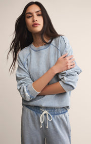 Savelo Sport Stripe Boyfriend Knit Denim Sweatshirt