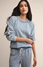Savelo Sport Stripe Boyfriend Knit Denim Sweatshirt