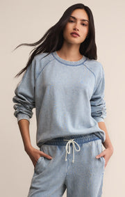 Savelo Sport Stripe Boyfriend Knit Denim Sweatshirt