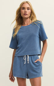 Savelo Curran Knit Denim Cropped Sweatshirt
