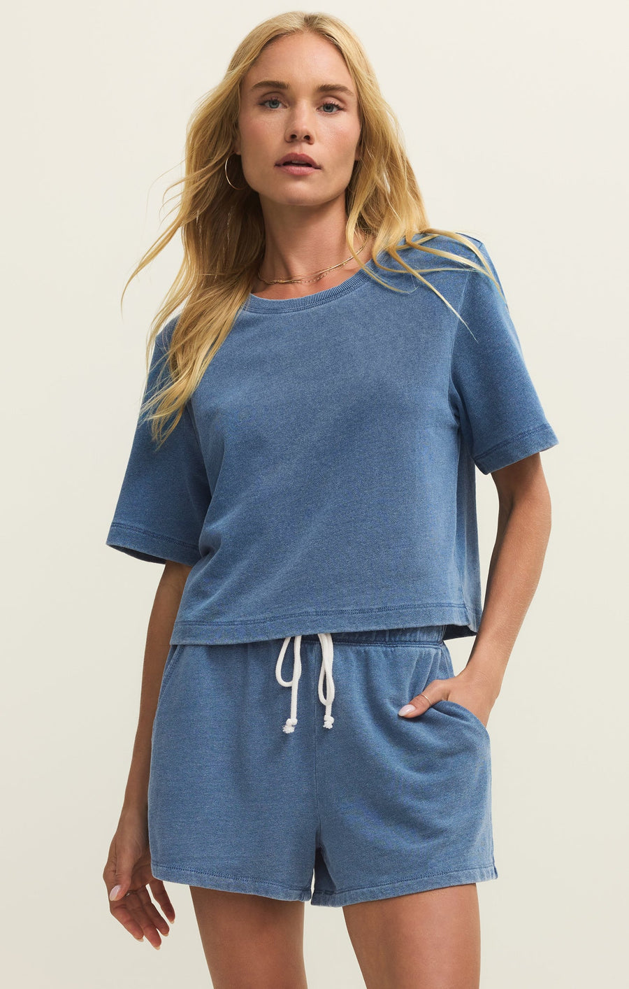 Savelo Curran Knit Denim Cropped Sweatshirt