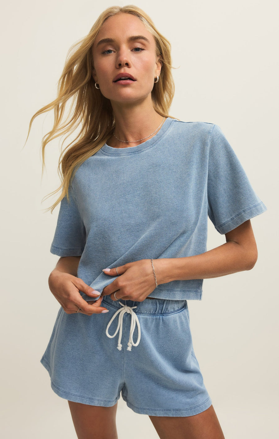 Savelo Curran Knit Denim Cropped Sweatshirt