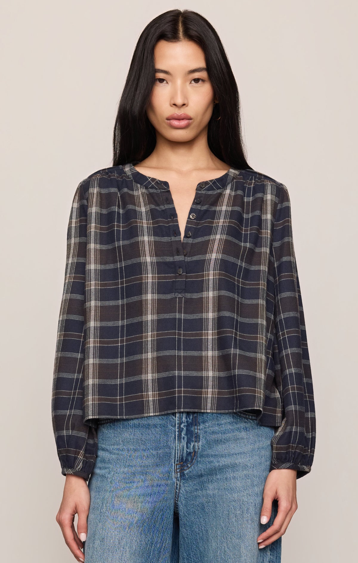 Savelo Autumn Plaid Henley Blouse