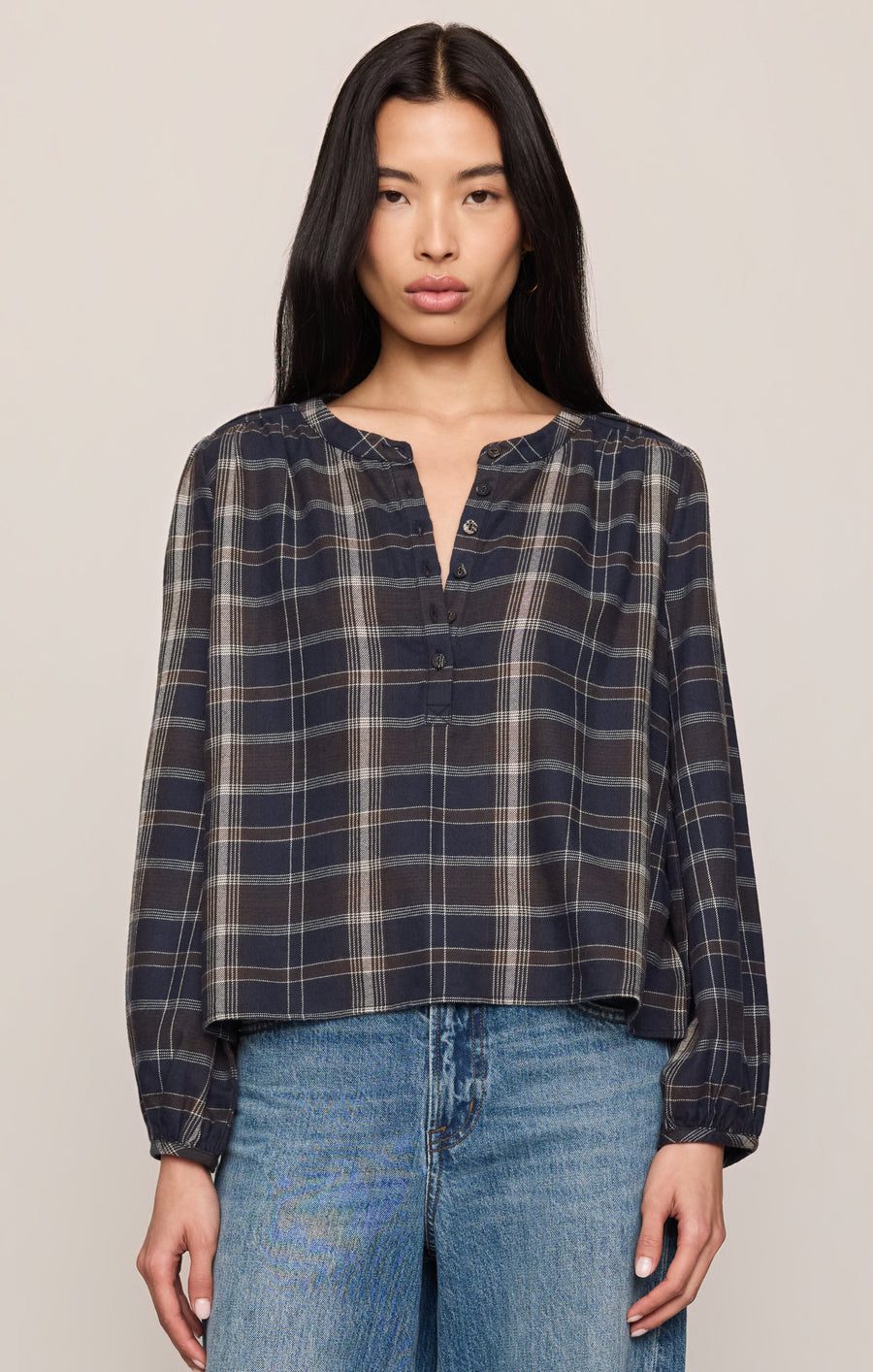 Savelo Autumn Plaid Henley Blouse